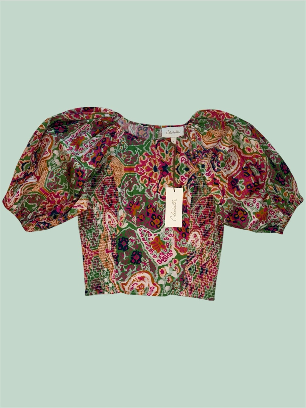 Green Multi Paisley Puff-Sleeve Crop Top